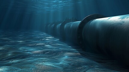 Underwater oil and gas pipeline infrastructure in blue ocean, subsea industry equipment - obrazy, fototapety, plakaty