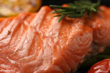 Tasty grilled salmon with rosemary, closeup view