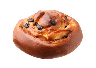 One delicious roll with raisins isolated on white. Sweet bun