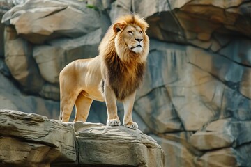 A majestic lion standing proudly on a rocky ledge.