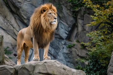 A majestic lion standing proudly on a rocky ledge