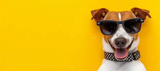 Clever dog wearing big black glasses on vibrant yellow background with copy space - obrazy, fototapety, plakaty