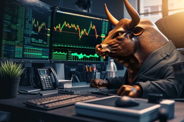 Anamorphic bull in green suit with stock graphics on monitor, bull market concept in old house