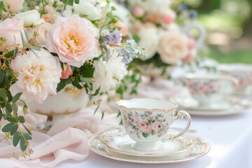 Obraz na płótnie Canvas Elegant vintage tea party with delicate china and floral arrangements