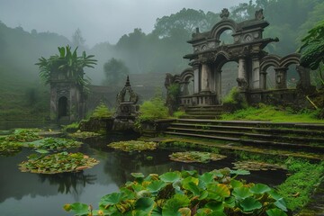Mythical beast sanctuary with ethereal gardens and mystic ponds