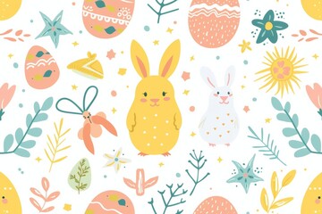 A whimsical illustration of playful child art, featuring a vibrant pattern of rabbits and eggs printed on soft fabric, evoking feelings of joy and the freshness of spring