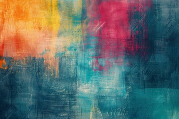Vibrant abstract canvas with textured layers of orange, yellow, red, and teal with a grungy feel.