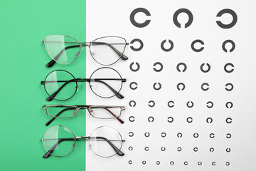 Vision test chart and glasses on green background, flat lay