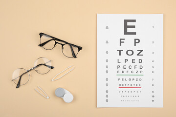 Vision test chart, glasses, lenses and tweezers on beige background, flat lay