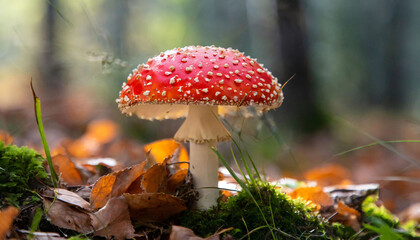 Red and white mushroom fly agaric in the forest.