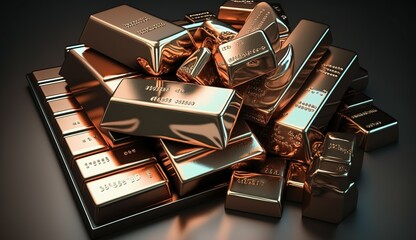 Copper bars background. Copper production. World prices for copper metal on global metals market and mining market. Copper bullion bars precious metals investing - obrazy, fototapety, plakaty