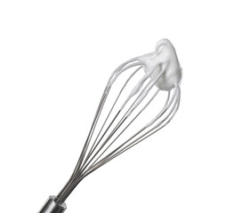 Whisk with whipped egg whites isolated on white