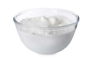 Glass bowl with whipped cream isolated on white