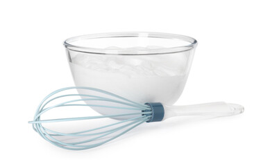 Bowl with whipped cream and whisk isolated on white