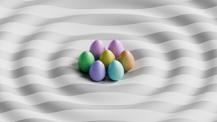 Colorful abstract Easter background with eggs, 3d render