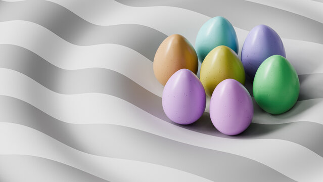 Colorful abstract Easter background with eggs, copy space, 3d render