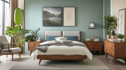 midcentury modern bedroom, colors sage blue and gray  