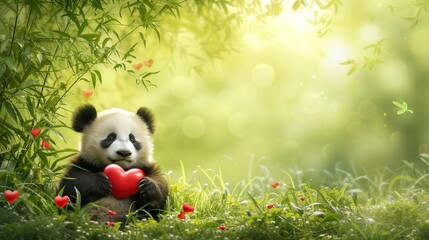 Cute panda baby presenting heart gift on magical blurred background for valentine s day