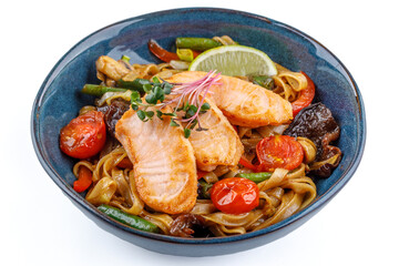 Rice noodles with salmon on a white background studio shooting 1