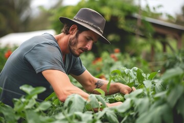 Male model working on a sustainable farm Tending to organic crops