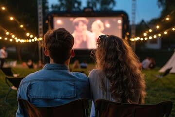 Young couple enjoying a vintage film screening in an open-air cinema - obrazy, fototapety, plakaty