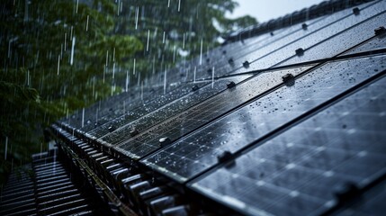 rain coming down on solar panels on the roof of a house  - obrazy, fototapety, plakaty