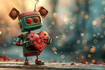 Cute robot giving heart gift to animals on magical background for valentine s day with copy space