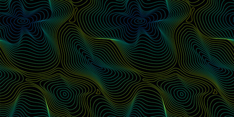 Fototapeta premium Vector seamless pattern, abstract texture with curved liquid lines, fluid shapes. Halftone effect, illusion of movement, 3D dynamical surface. Bright colors, blue and green gradient. Trendy design
