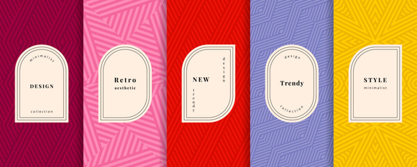 Vector geometric seamless patterns set. Trendy abstract stylish backgrounds with elegant minimal frames, labels. Abstract retro line funky textures. Colorful design for print, decor, package, banner