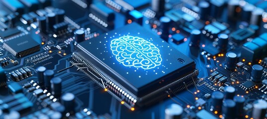 Futuristic holographic human brain projection with ai icon above central processing unit  cpu