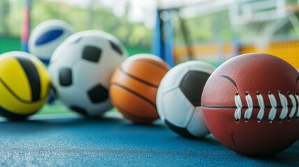 A collection of various sports balls including football, basketball, soccer, and volleyball, neatly arranged on a vibrant blue court