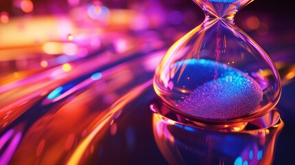 A stunning hourglass filled with sparkling blue particles sits against a vibrant neon backdrop,...