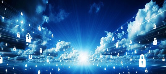 Secure end to end encrypted cloud data stream with dynamic and dramatic compositions - obrazy, fototapety, plakaty