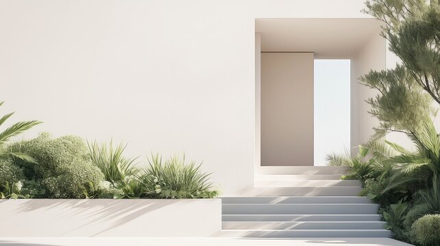 White front door to the house and facade decor made of plants. The elements are well proportioned within the frame, contributing to a modern, minimalist aesthetic.