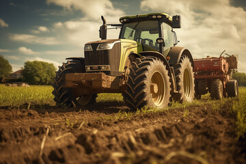 Tractor in a field. Farm. Agriculture. Harvest in a field. Agricultural professions. Peasant world. Harvest period.
