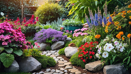 flower garden design with multicolored blossoms, creating a visually stunning and harmonious landscape