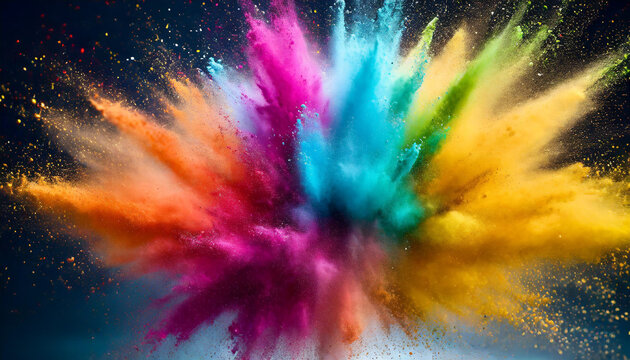Vibrant colored powder explodes in the air, creating a mesmerizing rainbow cloud – a dynamic and lively visual representation