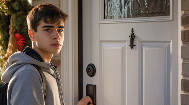 the expression on the young man's face as he knocks on the door. The guy in front of the entrance leads into the house. The guy's emotions such as anticipation, curiosity or excitement