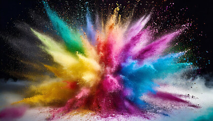 Vibrant colored powder explodes in the air, creating a mesmerizing rainbow cloud – a dynamic and lively visual representation