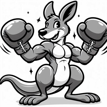 Cartoon Black and White of a kangaroo doing a boxing trick