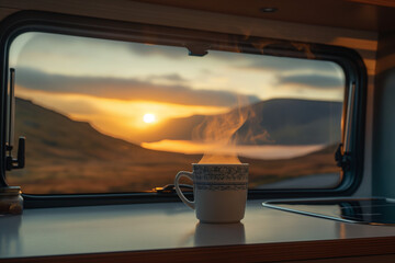 Campervan breakfast bar with a steaming cup of coffee and sunrise in the background