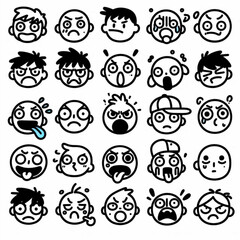 funny black and white face icon set on a white background