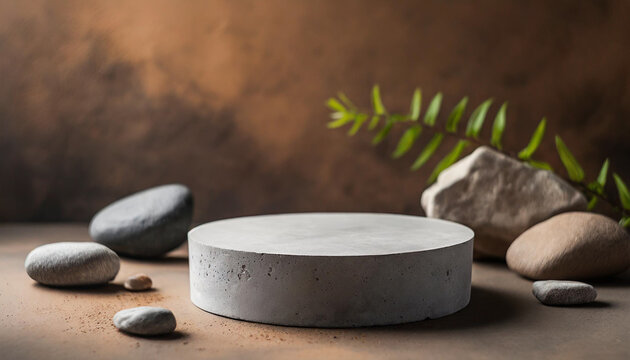 Empty concrete podium for cosmetics, adorned with stones, on a brown background exudes minimalist elegance and product showcase potential