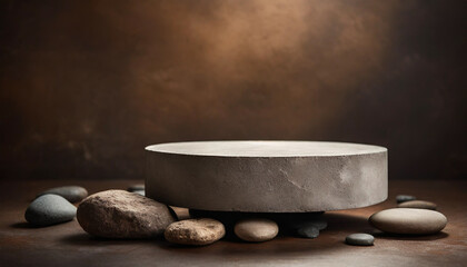 Obraz na płótnie Canvas Empty concrete podium for cosmetics, adorned with stones, on a brown background exudes minimalist elegance and product showcase potential