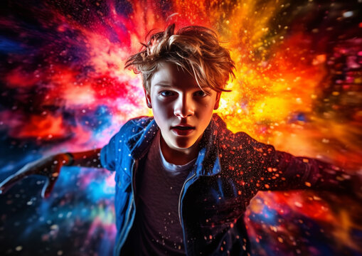 Teen's Pause in Exploding Art Background