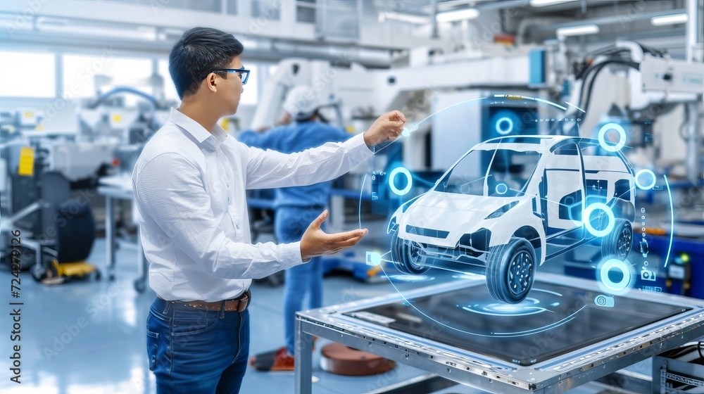 Poster engineer programming autonomous vehicle with holographic elements and blurred background.