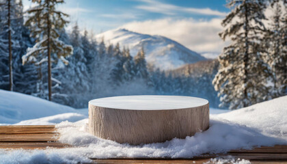 Empty round podium in winter setting, ideal for showcasing products or cosmetics in a captivating seasonal presentation