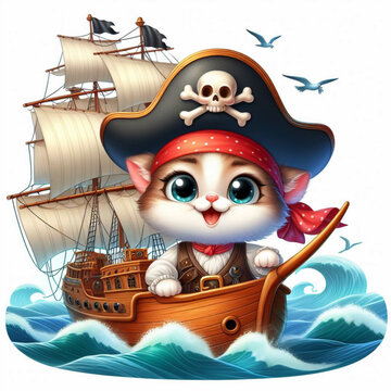 pirate cat with a hat cartoon illustration