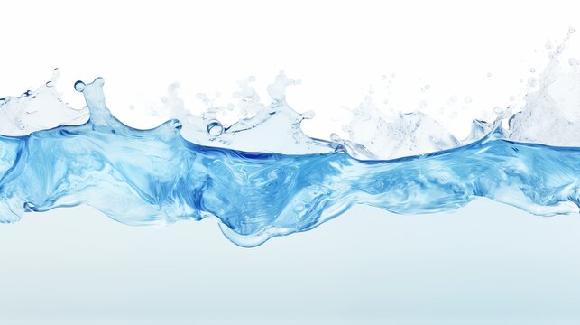 Blue water wave with splashes and drops on white background, creating a serene image