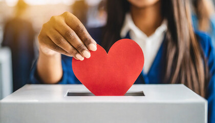 red paper heart into white donation box, embodying charity, compassion, and civic engagement - obrazy, fototapety, plakaty